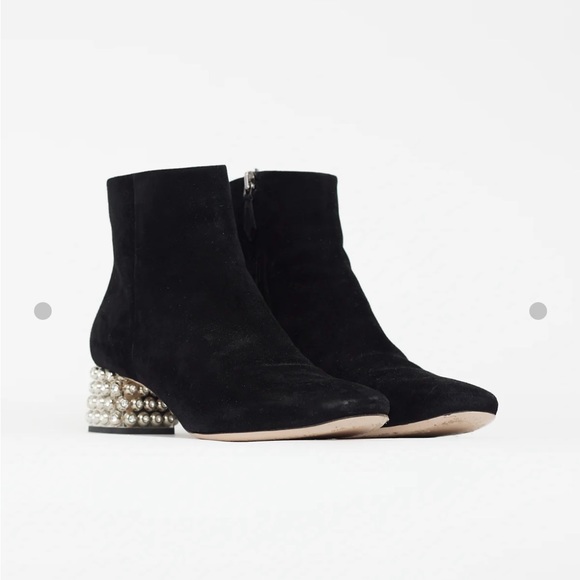 Miu Miu Black Suede & Crystal Embellished Heel Boots - Picture 2 of 8